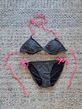Ingear Black Polka Dot Bikini Bottom with Pink Logo Accents